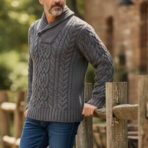 Bloomingdale's Cashmere Sweater Cable Fisherman Knit Shawl Collar Men XL Plum